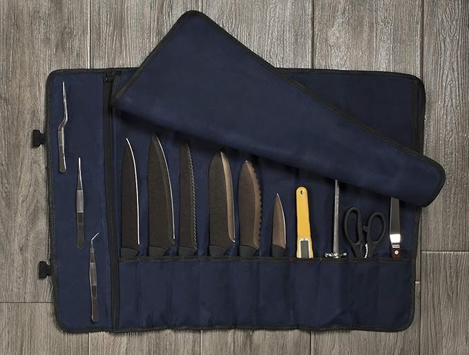 Asaya Waxed Canvas Chef Knife Roll Bag with 10 Slots and a Zipper Pocket - Professional Chef Knife Bag & Storage Case, with Shoulder Strap - Knives Not Included (Blue)