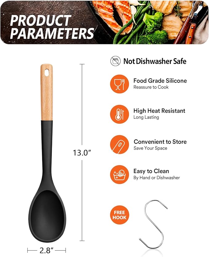Badiano Large Silicone Cooking Spoons, Nonstick Solid Wooden Handle,13.2in