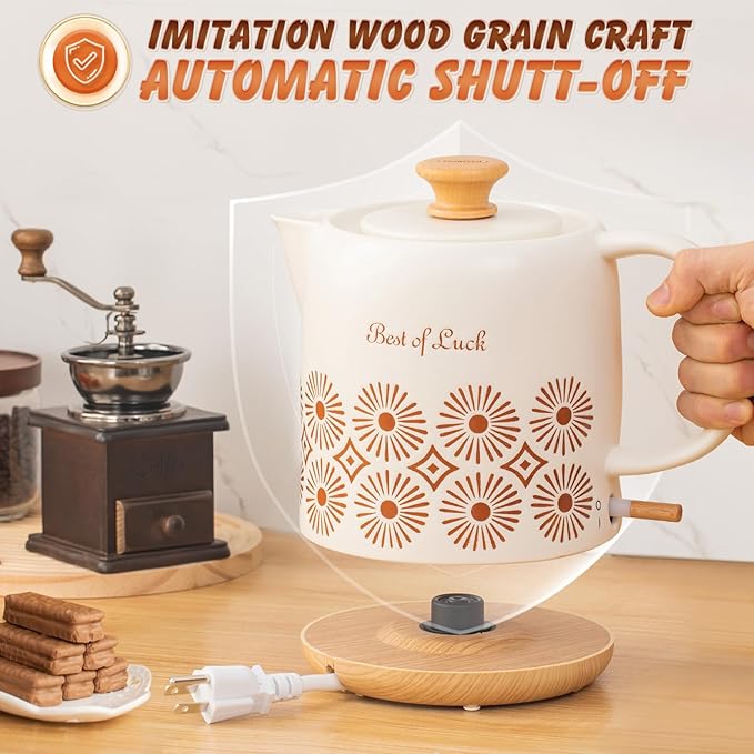 LONGSEED 1 Quart Ceramic Electric Kettle, 1000W Fast Boil Retro Tea Pot with Auto Shut-Off & Boil-Dry Protection, Floral Porcelain Hot Water Boiler with LED Light for Home & Kitchen