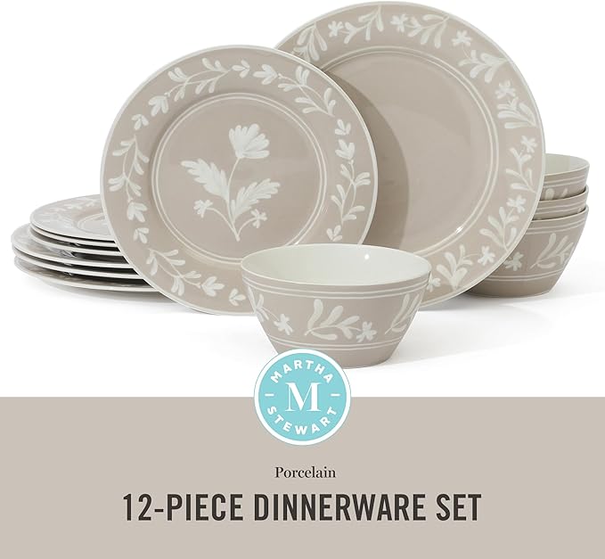 Martha Stewart Dinnerware Set - Maiden Crown 12-Piece Dish Set, Taupe – New Bone China Ceramic Plates & Bowls – Floral Design – Service for 4 – Microwave & Dishwasher Safe
