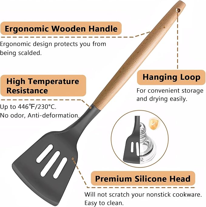 IOCBYHZ Kitchen Cooking Utensils Set, 6Pcs Silicone Kitchen Utensils Set Spatula Spoon Soup Ladle Turner, Heat Resistant Wooden Handle Silicone Cooking Gadgets for Nonstick Cookware & Baking BPA FREE