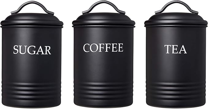 Steelware Central Kitchen Canister Set of 3 Sugar Coffee Tea with lids Food Storage, Black