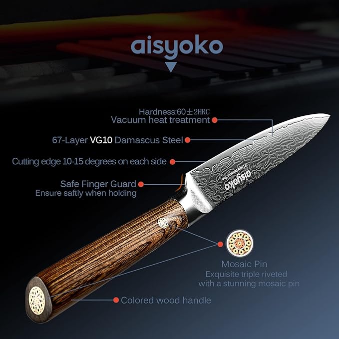 Aisyoko 5-Inch Paring Knife - Japanese VG-10 Super Steel 67-Layer Damascus Blade - Fruit Utility Knife for Carving & Peeling - Luxury Gift Box with Color Wooden Handle - Includes Scabbard