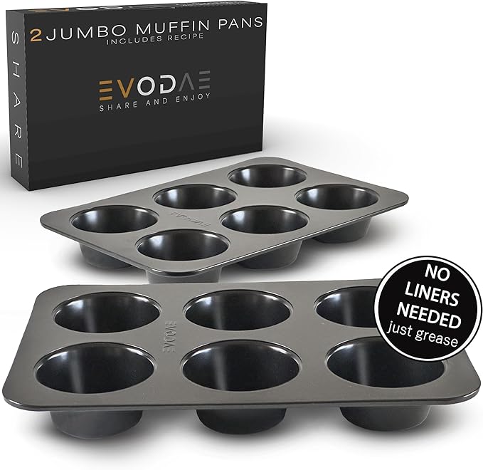 EVODAE Jumbo Muffin Pan, 2 Pack – Extra-Large Wide & Deep Cups, 12-Cup (2x6) Nonstick Carbon Steel – Texas Muffin Tin, Large Cupcake Pan – PFOA & PTFE Free, No Liners Needed, Gift Box