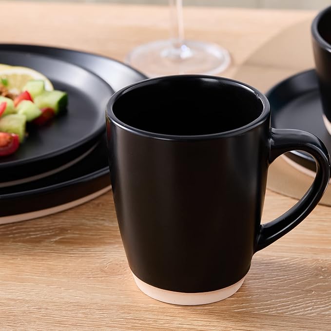 Stone Lain Jules Stoneware 16-Piece Dinnerware Set, Plates and Bowls, Service for 4, Black, Microwave & Dishwasher Safe