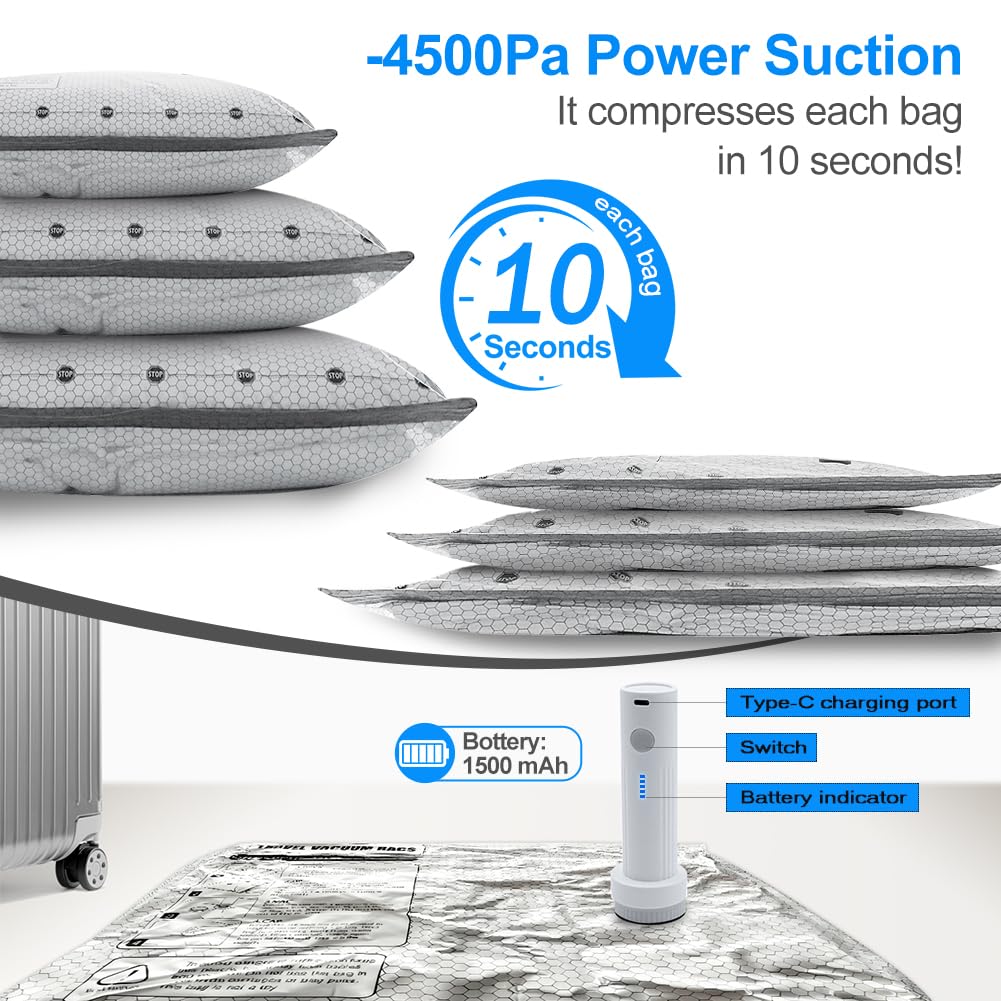 Vacuum Seal Bags 12-Pack with Wireless Pump, 4 Large/4 Medium/4 Sizes, Reusable Storage for Clothes Travel, Luggage & Suitcases, Portable Space Saver