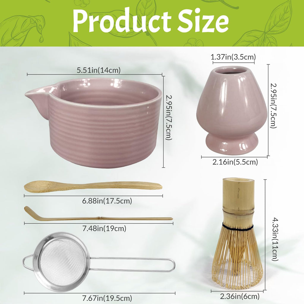 GEXHSRGD Matcha Whisk Set 6 pc Kit - Traditional Japanese Chasen, Bamboo Whisk Holder, Ceramic Bowl with Spout, Sifter & 2 pc Spoons - matcha kit set, Gift for Matcha Tea Lovers(Pink)