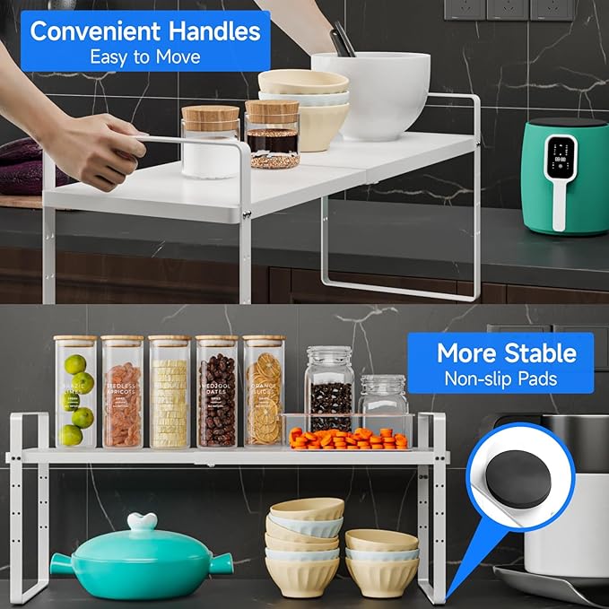 KIKIBRO Expandable Cabinet Shelf Organizer, Stackable Kitchen Pantry Counter Storage, Adjustable Closet Cupboard Stand Rack Risers Spice Organization 80LBS Heavy Duty White Large 1 Pack
