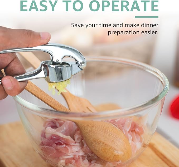 Garlic Press Crusher & Mincer – Easy Squeeze Ergonomic Handle, Heavy Duty Zinc Alloy, Dishwasher Safe, Includes Peeler & Cleaning Brush – Garlic Ginger Crusher Tool (Imperial Silver)