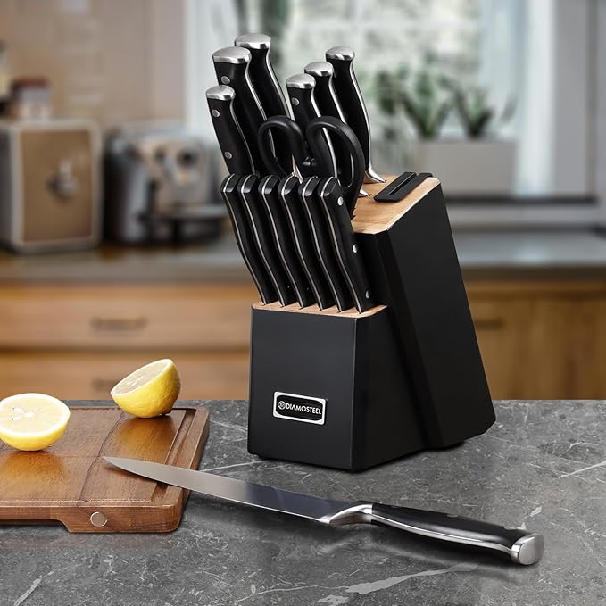 Black Knife Set with Block, 15Pcs Knife Block Set with Built-in Sharpener