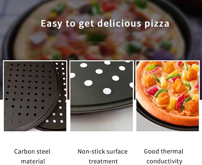 InBlossoms 11 inch Pizza Pan With Holes, Carbon Steel Perforated Non-Stick Bakeware for Home Kitchen Oven, 2 Pack