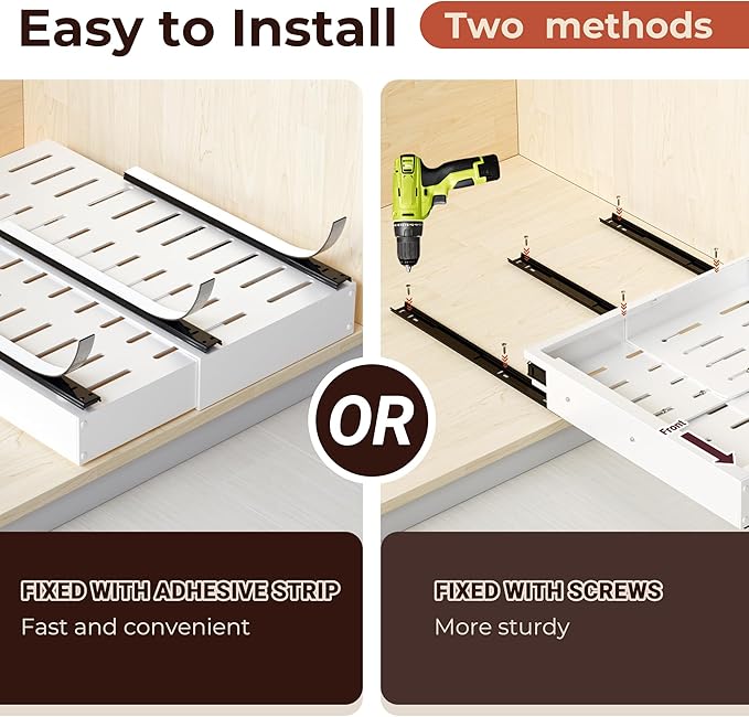 Makfoner 2 Pcs Pull Out Cabinet Organizers, Width (12"-19") and Depth (17"-23") Expandable With 3 Slides, No Drill Slide out Drawers Adhesive Film or Nail Cabinets Without Lip in Kitchen, Bathroom