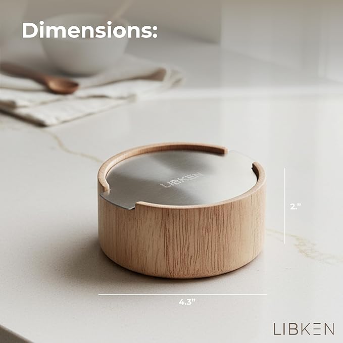 LIBKEN Wooden Salt Box with Stainless Steel Lid & Spoon – Rubberwood Keeper to avoid Dust, Minimal Scandinavian Bowl for Pepper, Spices, Herbs and Salt Storage Container - Wooden