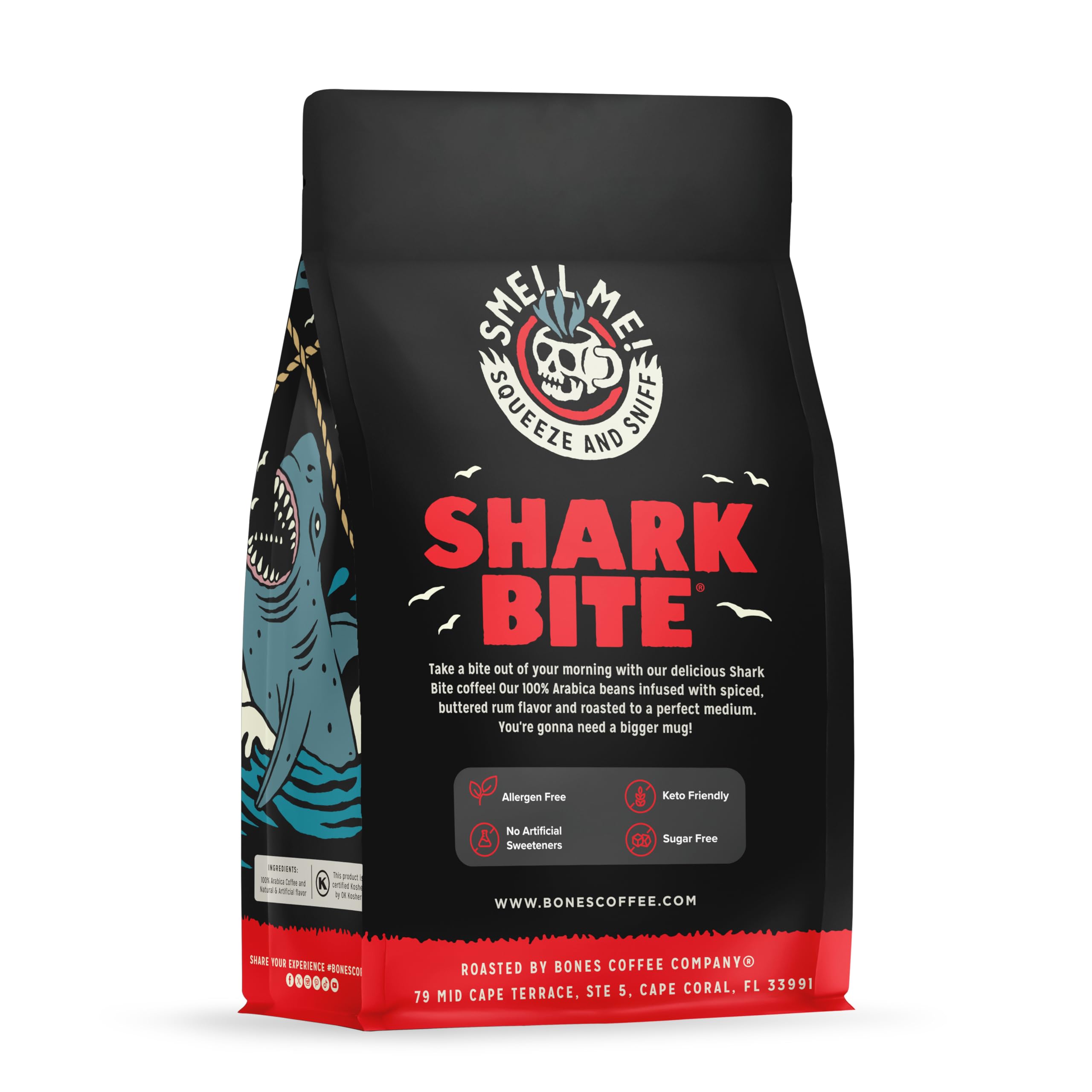 Bones Coffee Company Shark Bite, Buttered Rum Flavored Coffee, Medium Roast Low Acid Arabica Beans Compatible with Auto drip and French Press Coffee Maker, 12 Oz Ground