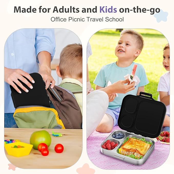 Howeemo Stainless Steel Bento Box Kids, Leak Proof Metal Bento Lunch Box,3 Compartments 304 Stainless Steel Bento Lunch Containers for School and Office, BPA-Free(Black)