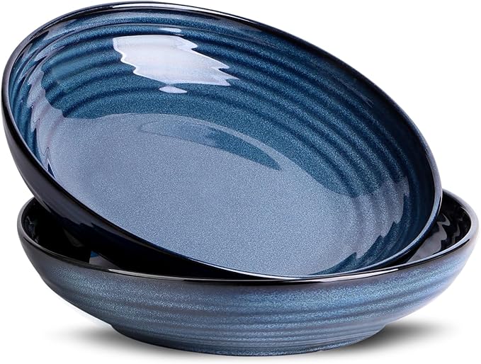 HASENSE Pasta Bowls Set of 2, 8.7 Inch Reactive Glazed Ceramic Salad Serving Bowls for Kitchen, 32 Ounce Shallow Bowls for Pasta Soup Salad Dinner, Microwave Dishwasher Safe, Navy Blue