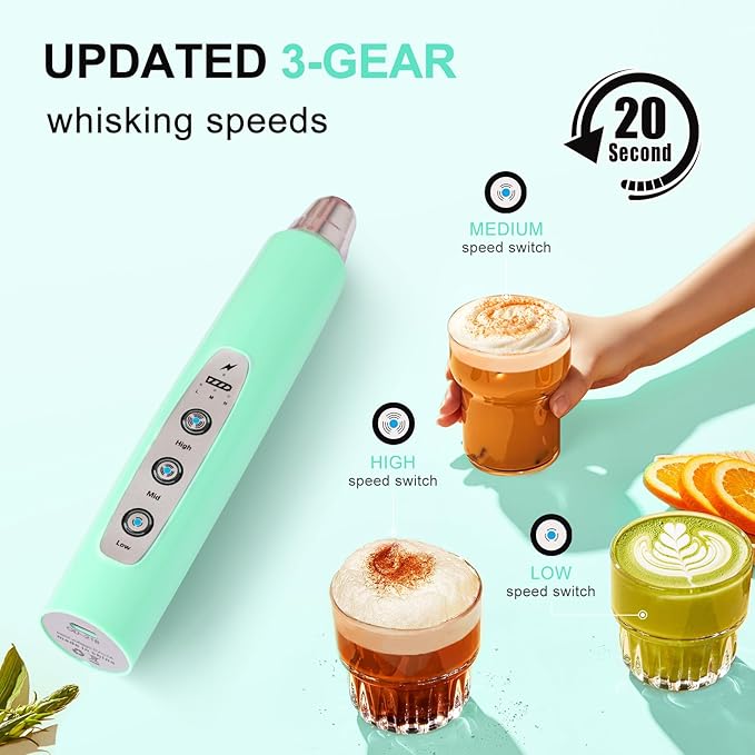YUSWKO Handheld Milk Frother Wand for Coffee, Rechargeable Electric Whisk with 3 Heads 3 Speeds Drink Mixer Coffee Frother For Latte, Cappuccino, Hot Chocolate, Egg, Baby Blue