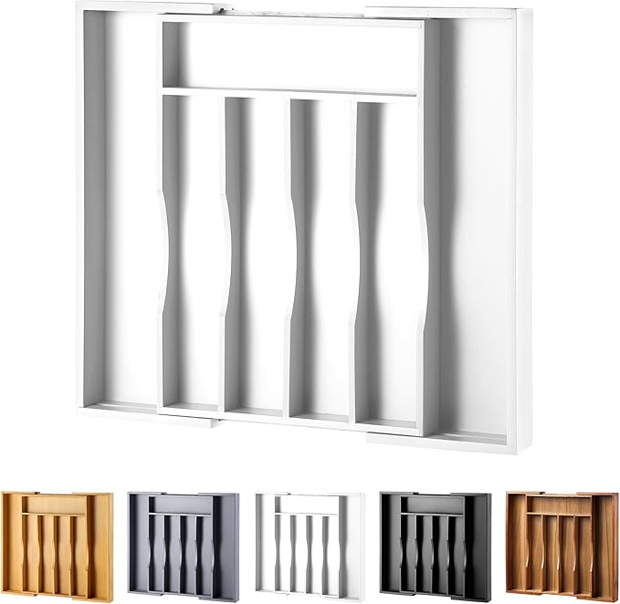 oridom Expandable Bamboo Kitchen Drawer Organizer for Cutlery and Utensils, Adjustable Bamboo Wood Cutlery Tray in Drawer for Flatware and Silverware in Kitchen, (White)