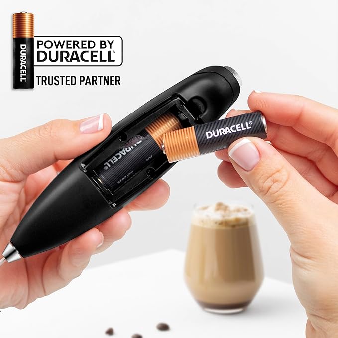 Zulay Kitchen Powerful Milk Frother Wand With Duracell Batteries - Ultra Fast Handheld Drink Mixer - Electric Whisk Foam Maker for Coffee, Lattes, Cappuccino & Matcha - Double Whisk - Metallic Black