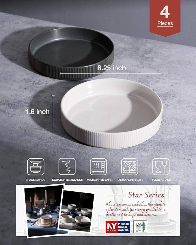 famiware Star 8.25" Pasta Bowls Set of 4, Bowl Plate, Dark Charcoal & White