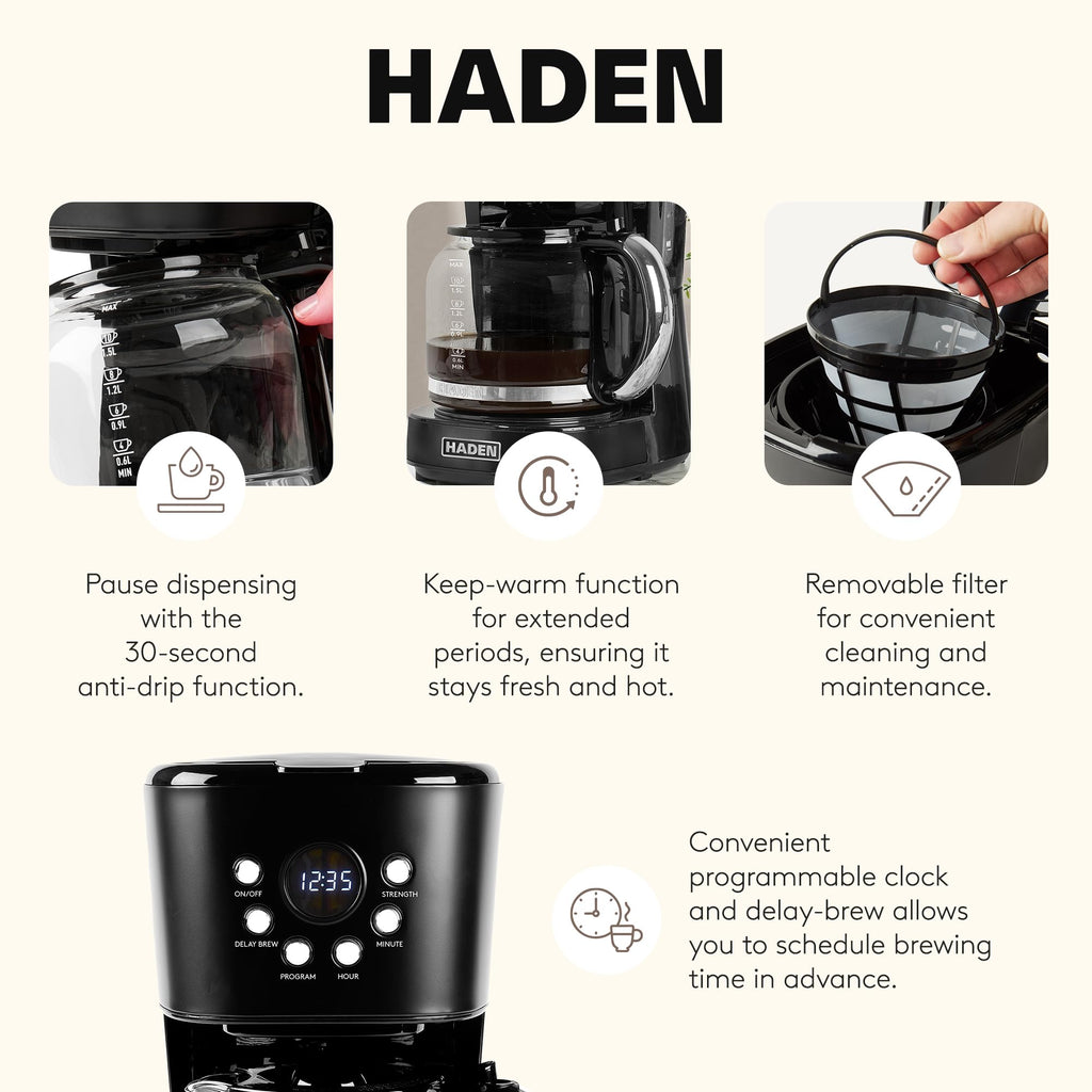 HADEN Heritage 4 Slice Wide Slot Stainless Steel Toaster Bundled with 12 Cup Programmable Drip Coffee Maker Coffee Machine, Black & Chrome