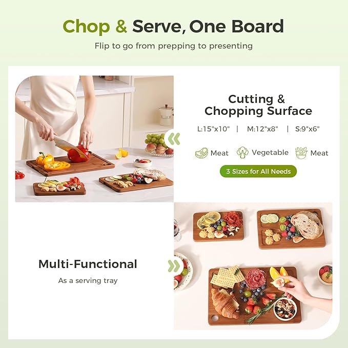 Bamboo Cutting Board for Kitchen, 3-Piece Set with Juice Grooves, Side Handles & Non-Slip Mats – Durable Bamboo Chopping Board for Meat, Vegetables and Fruits