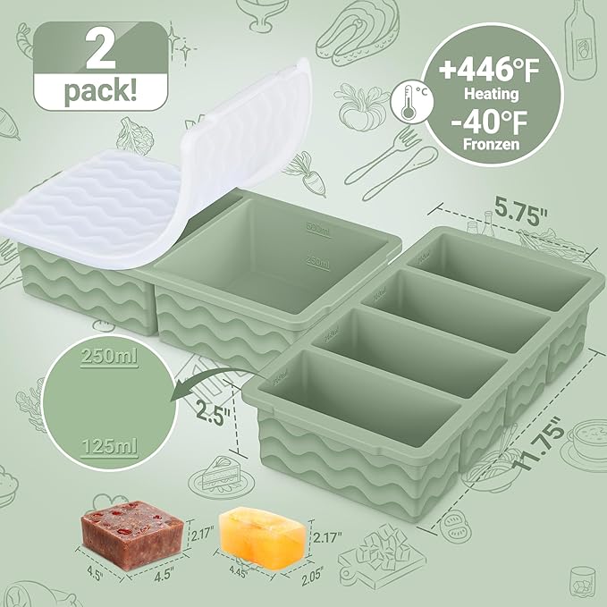 Silicone Freezer Trays with Lid for Soup, 1-Cup & 2-Cup Large Ice Cube Molds Food Storage Containers for Meal Prep, Freeze 500mL/250mL/125mL Portions – 2 Pack