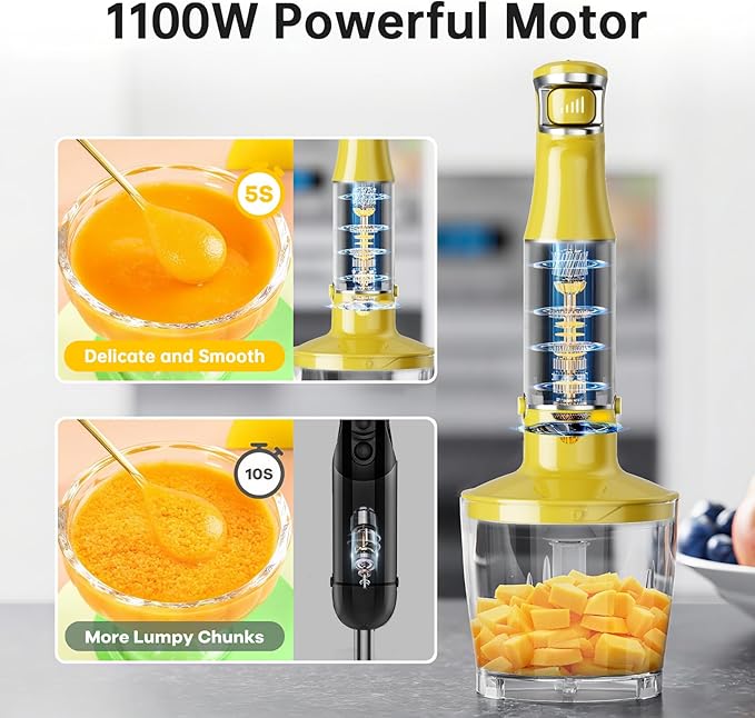 Turelar Immersion Blender Handheld Corded Hand Blenders Set 1100W, Trigger Variable Speed 5 in 1 Stick Emulsifier with Chopper, Whisk and Frother for Soup, Baby Food and Smoothies, Yellow