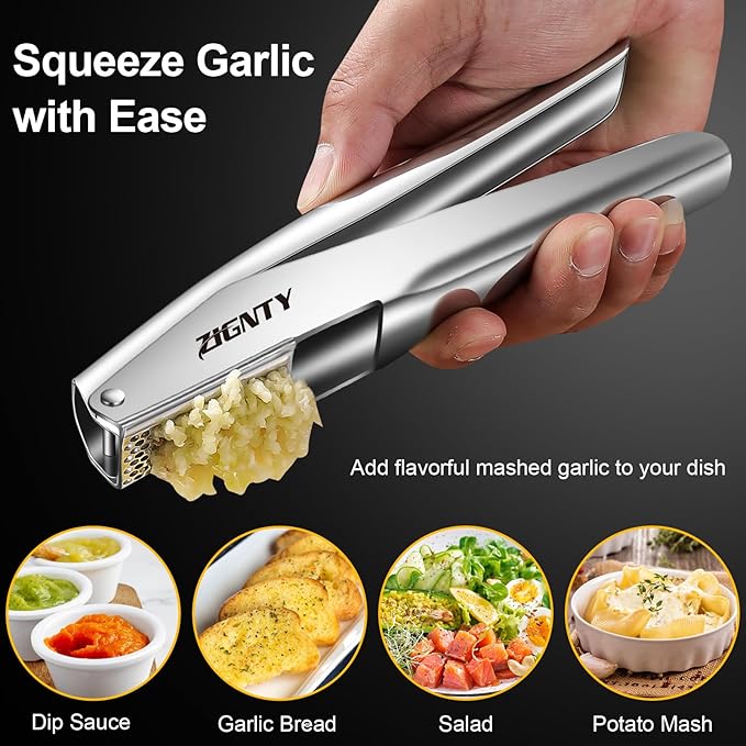 ZIGNTY Garlic Press Stainless Steel, Professional Crusher No Peel Required