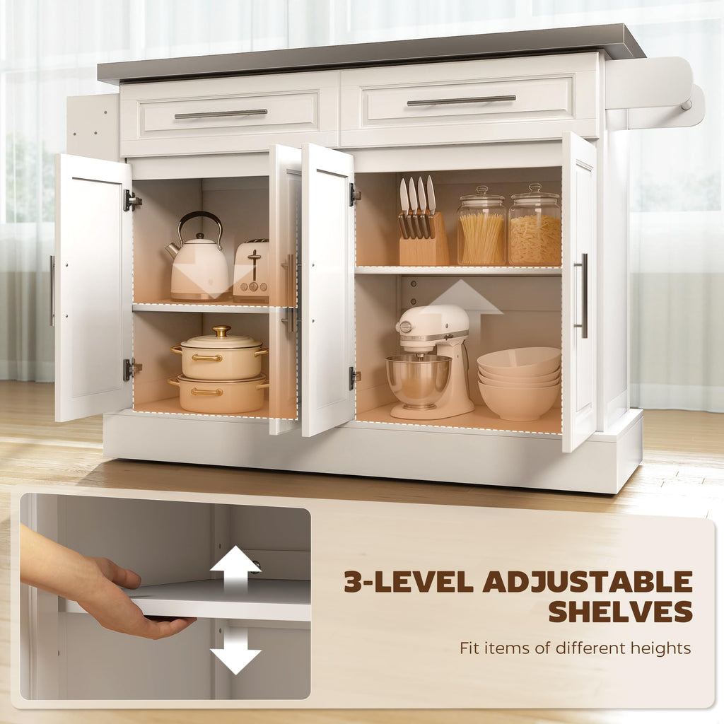HOMCOM Rolling Kitchen Island Cart with 47" Stainless Steel Top White