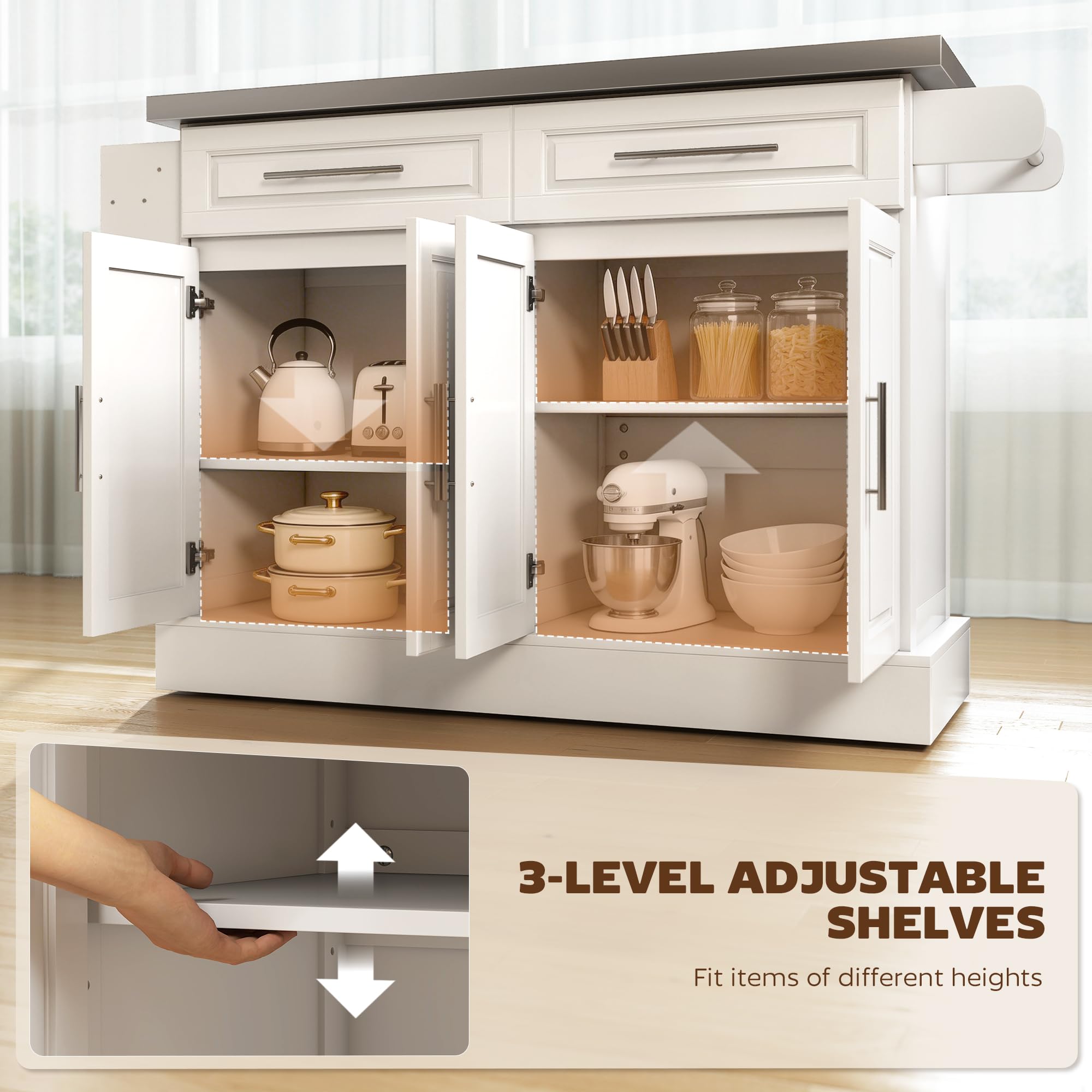 HOMCOM Rolling Kitchen Island Cart with 47" Stainless Steel Top White