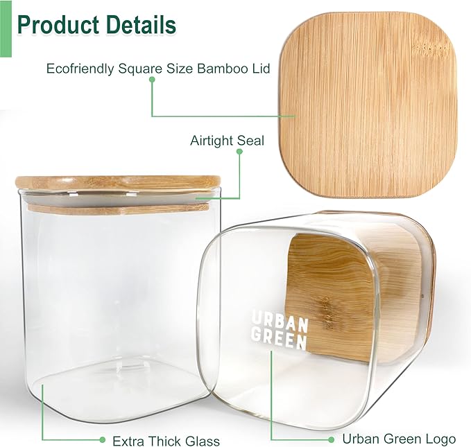Urban Green Glass Jars with Airtight Lids, Airtight Glass Canisters with Locking Lids, (Bamboo-28oz)