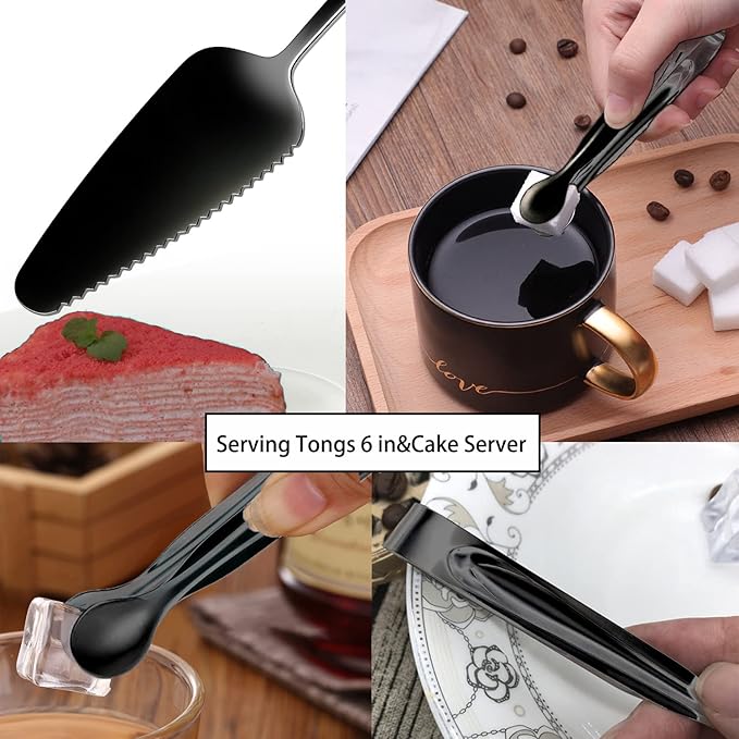 IAXSEE 6 PCS Stainless Steel Serving Utensils, Large Serving Spoons Slotted Spoons, Forks, Ice Suger Tongs, Cake Server, Soup Ladle, Metal Utensils Set Great for Buffet Catering Banquet Party, Black