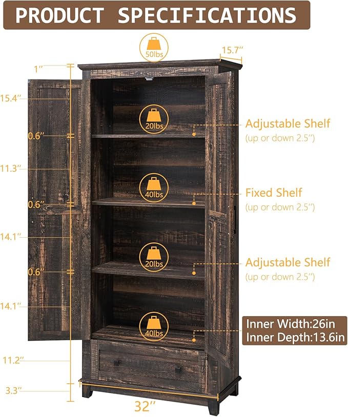 LUXOAK Farmhouse Kitchen Pantry Cabinet, 72" Tall Storage Cabinet with Adjustable Shelves & Barn Doors, Freestanding Kitchen Cupboard for Dining Room, Living Room, Dark Rustic Oak