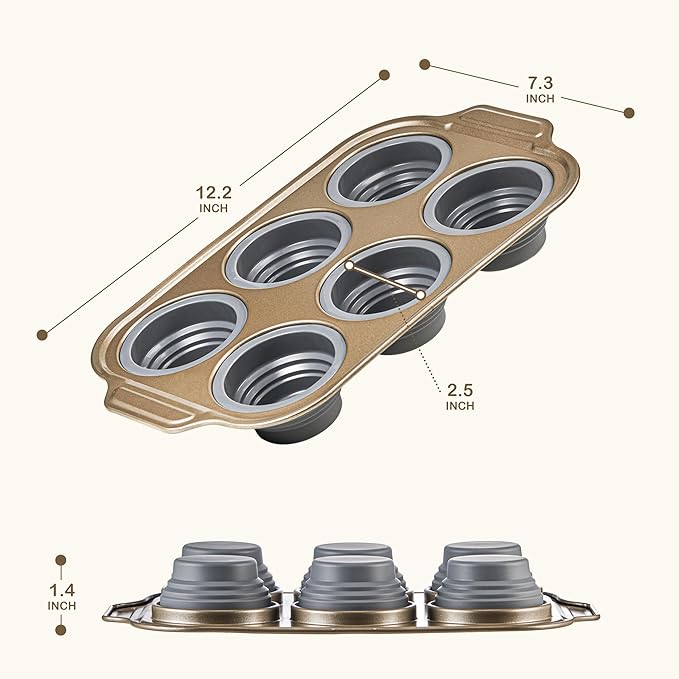 LCKitchen 2-Pack Foldable Nonstick Silicone Baking Pans, 6 Cups for Baking Muffins, Egg Bite, Brownies. Easy to pop and clean. Dishwasher Safe BPA Free.
