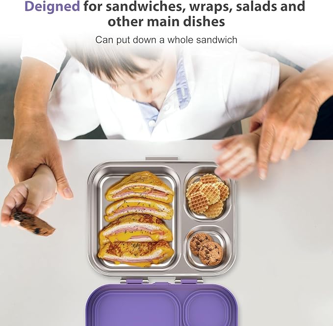 Howeemo Stainless Steel Bento Box Kids, Leak Proof Metal Bento Lunch Box,3 Compartments 304 Stainless Steel Bento Lunch Containers for School and Office,BPA-Free(Purple)