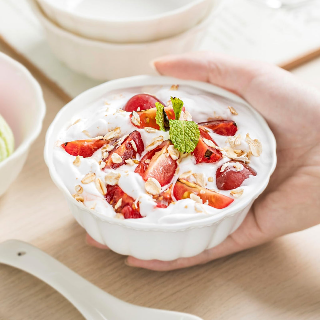 HOMBENE White Porcelain Fruit Bowls, 4.7 Inch Serving Bowls,Ice Cream Bowl, Kitchen Bowl Set, Microwave and Dishwasher Safe, Set of 6