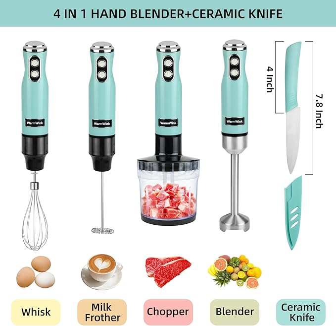 WarmWink Hand Blender, Powerful 4 in 1 600w Corded Immersion Blender Handheld with Stainless Steel Attachment, Small Food Processor & Stick for Kitchen, Emergen useful immersion blender