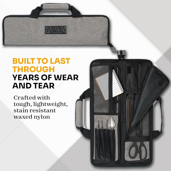Asaya Chef Knife Roll Bag - 12-Pocket Chefs Case for Kitchen Knives and Utensils, Lightweight Stain-Resistant Waxed Nylon Chef Knife Bag - Knives Not Included (Grey)