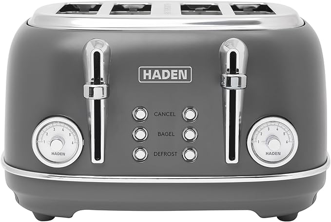 Haden Chelsea 4-Slice Wide Slot Stainless Steel Toaster with Adjustable Browning Control & Non-Slip Feet, Grey & Chrome