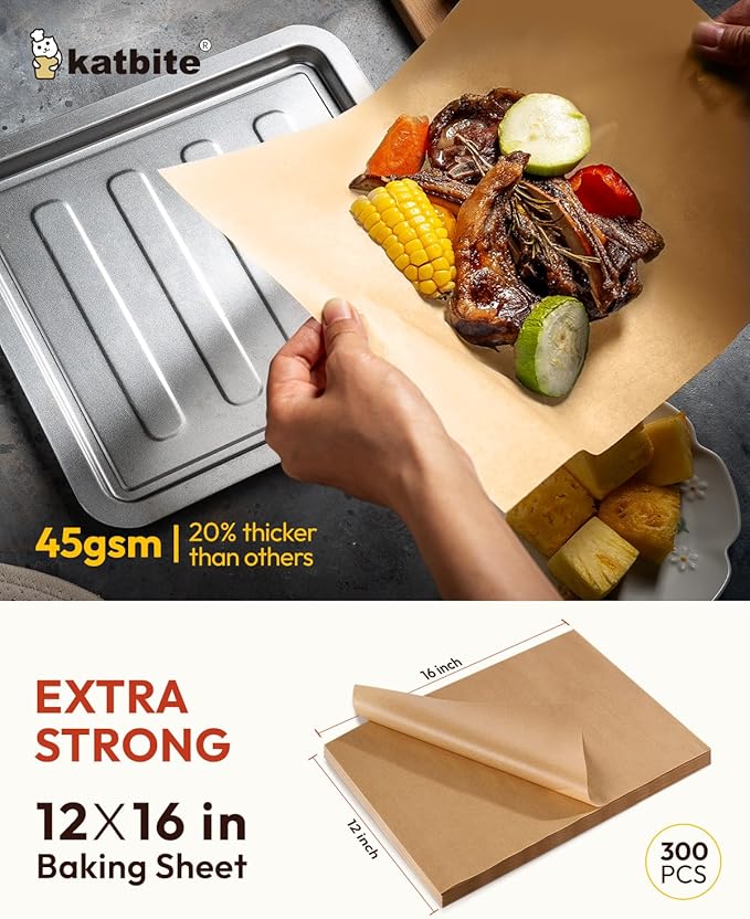 Katbite 300 Sheets 12x16 In Parchment Paper, Heavy Duty Baking Paper, Unbleached Non-stick Sheets for Air Fryer, Grilling, Steaming Cooking Bread Cake and Wrapping Foods