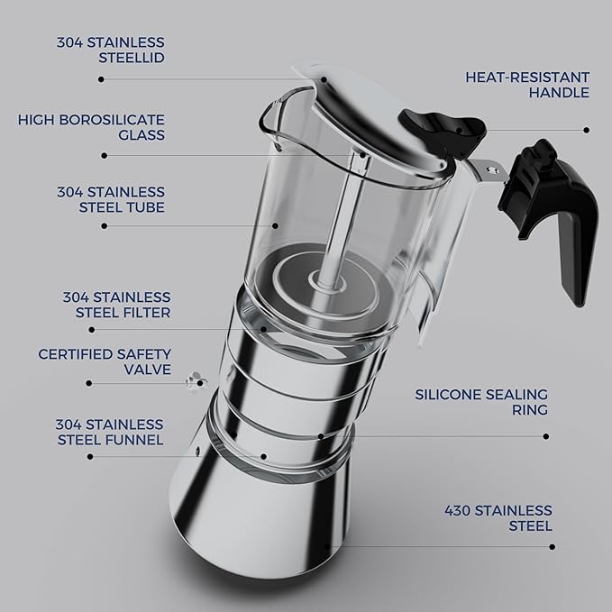 SIXAQUAE Stovetop Espresso Maker, Crystal Glass-top & Stainless Steel Espresso Moka Pot,Classic Italian coffee maker（360ml）