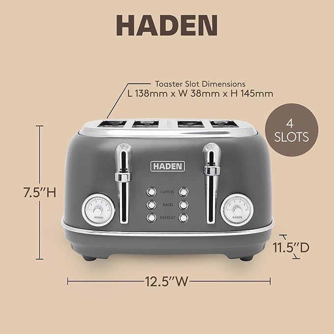 Haden Chelsea 4-Slice Wide Slot Stainless Steel Toaster with Adjustable Browning Control & Non-Slip Feet, Grey & Chrome