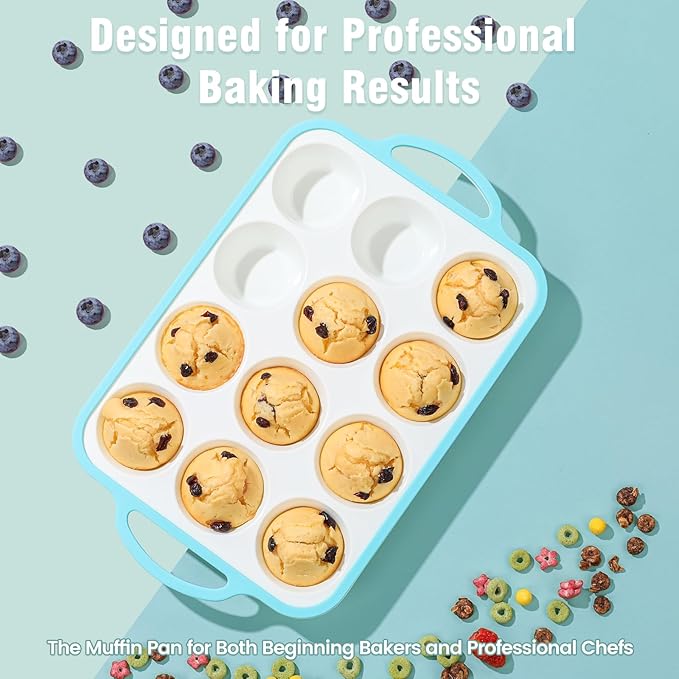 Fimary Silicone Muffin Pans for Baking 2 Pack, 2.6 Inch with Metal Reinforced Frame, Regular Size Nonstick Cupcake Pan 12 Cups for Baking Homemade Muffins, Dishwasher Safe BPA Free-Blue