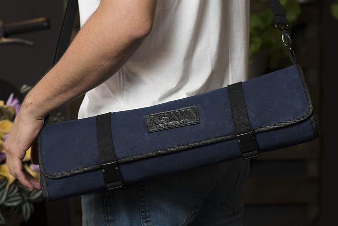Asaya Waxed Canvas Chef Knife Roll Bag with 10 Slots and a Zipper Pocket - Professional Chef Knife Bag & Storage Case, with Shoulder Strap - Knives Not Included (Blue)