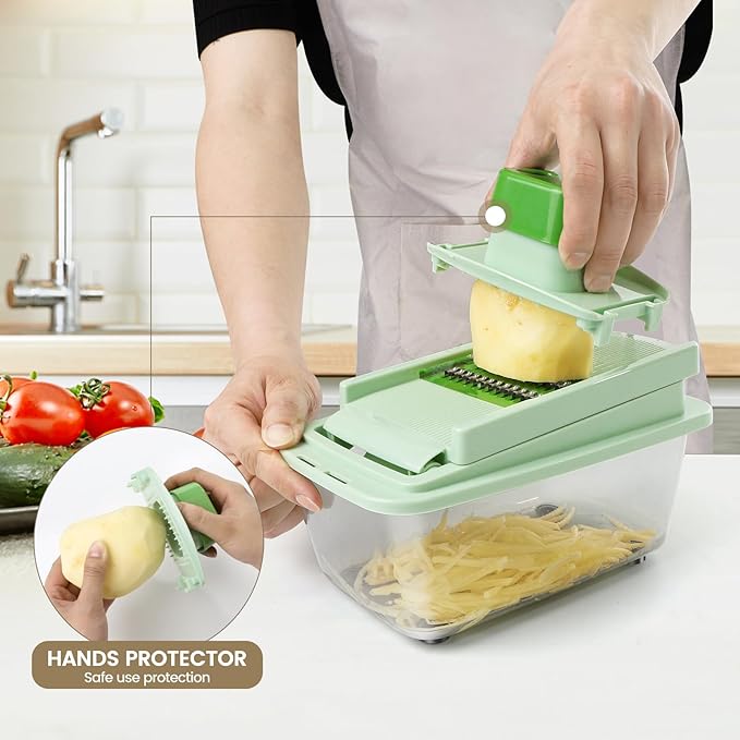 Vegetable Chopper, 16-in-1 Mandoline Slicer Dicer Grater Spiralizer with Container, 8 Stainless Steel Blades for Onion Salad Salsa Meal Prep