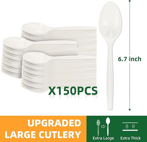 100% Compostable Disposable Spoons, 6.7" Heavy Duty Utensils Eco-Friendly Cornstarch Cutlery Durable and BPI-Certified Party Supplies No Plastic-150pcs Spoons