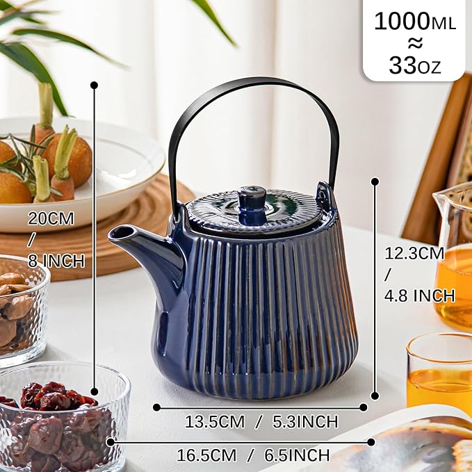 Yundu Ceramic Teapots for Tea, 1000ml/33.8oz Tea Pot with Infusers for Loose Tea, Striped Tea Pot with Removable Tea Infuser - Reactive Blue