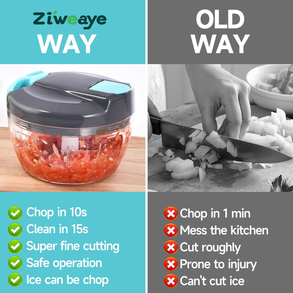 Ziweaye Manual Food Processor Vegetable Chopper, Portable Hand Pull String Garlic Mincer Onion Cutter for Veggies, Ginger, Fruits, Nuts, Herbs, etc., 500ml,（Gray-blue）
