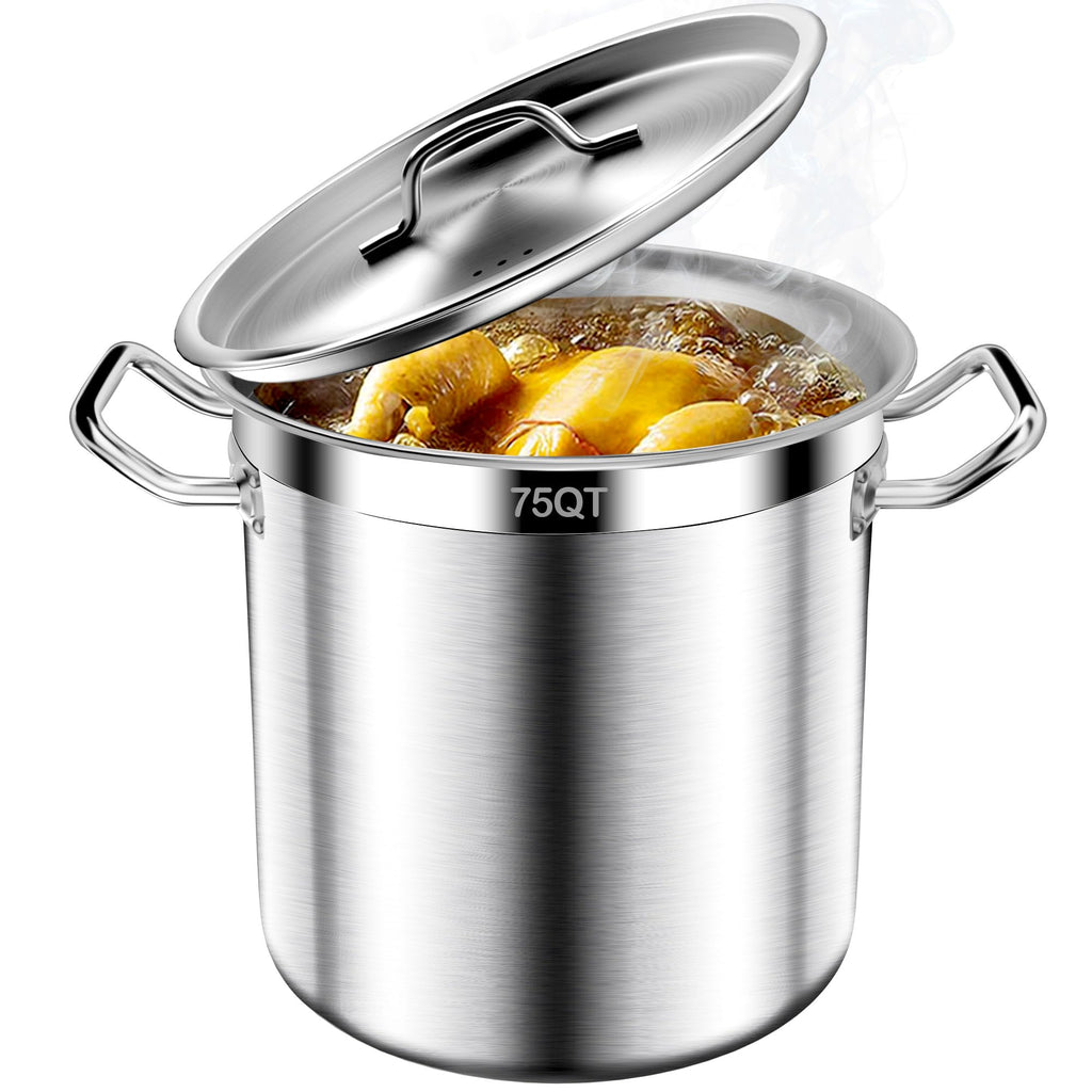 Large Stock Pot -75QT Stainless Steel Stockpot with Lid, Heavy Duty Tri-Ply Bottom Commercial Grade Stock Pot & Stockpots for Boiling Cooking Soup Stew Canning Cookware Sauce Cooking Pots